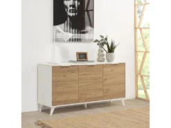 Buffet 3 Portes Koln, Couleur Blanc Brossé Et Bois, 136,5 Cm Largeur -Meubles Soldes Magasin buffet 10403381