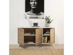 Buffet 3 Portes Koln, Couleur Blanc Brossé Et Bois, 136,5 Cm Largeur -Meubles Soldes Magasin buffet 10403383