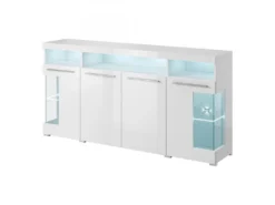 Buffet XL 180cm Avec 4 Portes Couleur Blanc Brillant Avec éclairage LED Multicolore Intégré Collection BOMBAY.