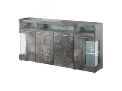 Buffet XL 180cm Avec 4 Portes Couleur Gris Effet Ardoise Avec éclairage LED Multicolore Intégré Collection BOMBAY.