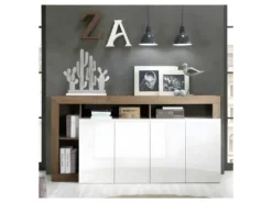 Buffet 4 Portes Blanc Laqué Brillant/Chêne Noisette - ISCHIA