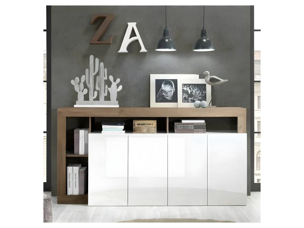 Buffet 4 Portes Blanc Laqué Brillant/Chêne Noisette - ISCHIA 1 Buffet 4 Portes Blanc Laqué Brillant/Chêne Noisette - ISCHIA