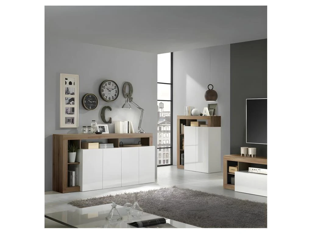 Buffet 4 Portes Blanc Laqué Brillant/Chêne Noisette - ISCHIA 4 Buffet 4 Portes Blanc Laqué Brillant/Chêne Noisette - ISCHIA – Image 4