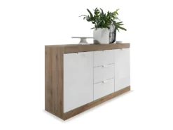 Buffet 2 Portes 3 Tiroirs Blanc Laqué Brillant/Chêne Naturel - SPEZIA