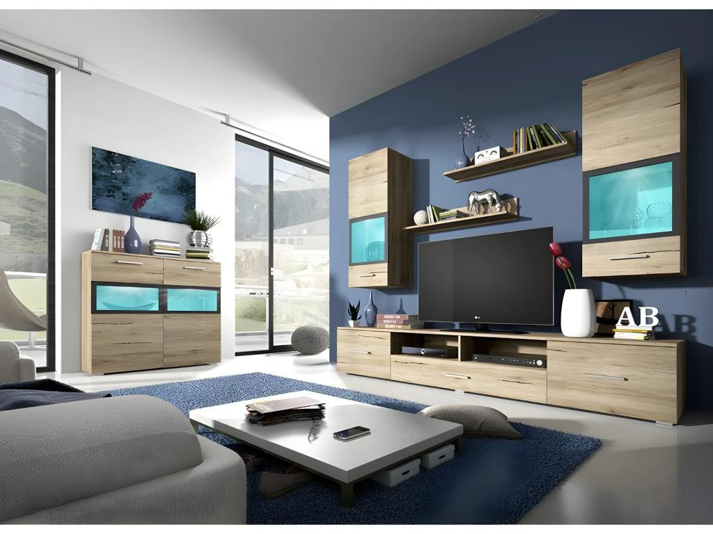 Buffet 90cm Pour Salon Avec 2 Portes Vitrées Et LED Intégrées Couleur Chêne Et Gris Anthracite Collection CONNOR. 2 Buffet 90cm Pour Salon Avec 2 Portes Vitrées Et LED Intégrées Couleur Chêne Et Gris Anthracite Collection CONNOR. – Image 2