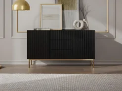 Buffet Avec 2 Portes Et 3 Tiroirs En MDF Et Acier - Noir Et Doré - EVILANA