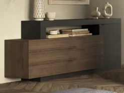 Buffet Avec 1 Porte, 3 Tiroirs Et 1 Niche - Naturel Foncé Et Anthracite - RUSELO -Meubles Soldes Magasin buffet 14927517