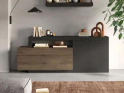 Buffet Avec 2 Portes, 3 Tiroirs Et 1 Niche - Naturel Foncé Et Anthracite - RUSELO