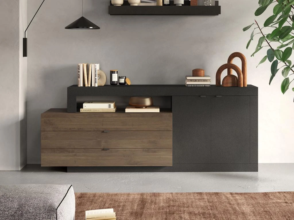 Buffet Avec 2 Portes, 3 Tiroirs Et 1 Niche - Naturel Foncé Et Anthracite - RUSELO 1 Buffet Avec 2 Portes, 3 Tiroirs Et 1 Niche - Naturel Foncé Et Anthracite - RUSELO