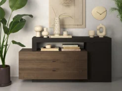 Buffet Avec 1 Porte, 3 Tiroirs Et 1 Niche - Naturel Foncé Et Anthracite - RUSELO