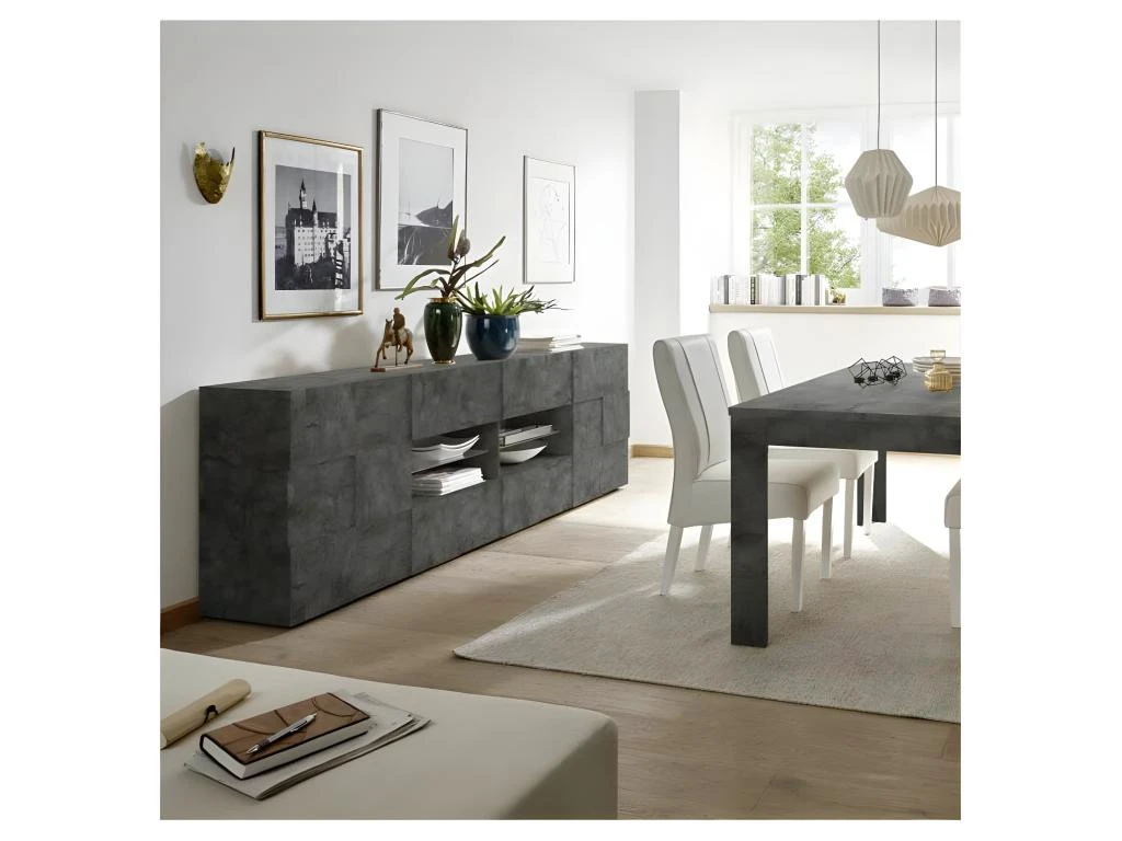 Buffet 2 Portes 4 Tiroirs Béton Ciré Foncé - TICATO 2 Buffet 2 Portes 4 Tiroirs Béton Ciré Foncé - TICATO – Image 2