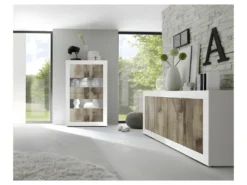 Buffet 4 Portes Blanc/Planches Bois - MATERA -Meubles Soldes Magasin buffet 17624889