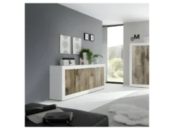 Buffet 4 Portes Blanc/Planches Bois - MATERA -Meubles Soldes Magasin buffet 17624891