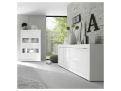 Buffet 4 Portes Blanc Laqué Brillant - MATERA -Meubles Soldes Magasin buffet 17625037