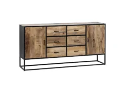 BRATO - Buffet 2 Portes 6 Tiroirs Manguier Et Métal Noir