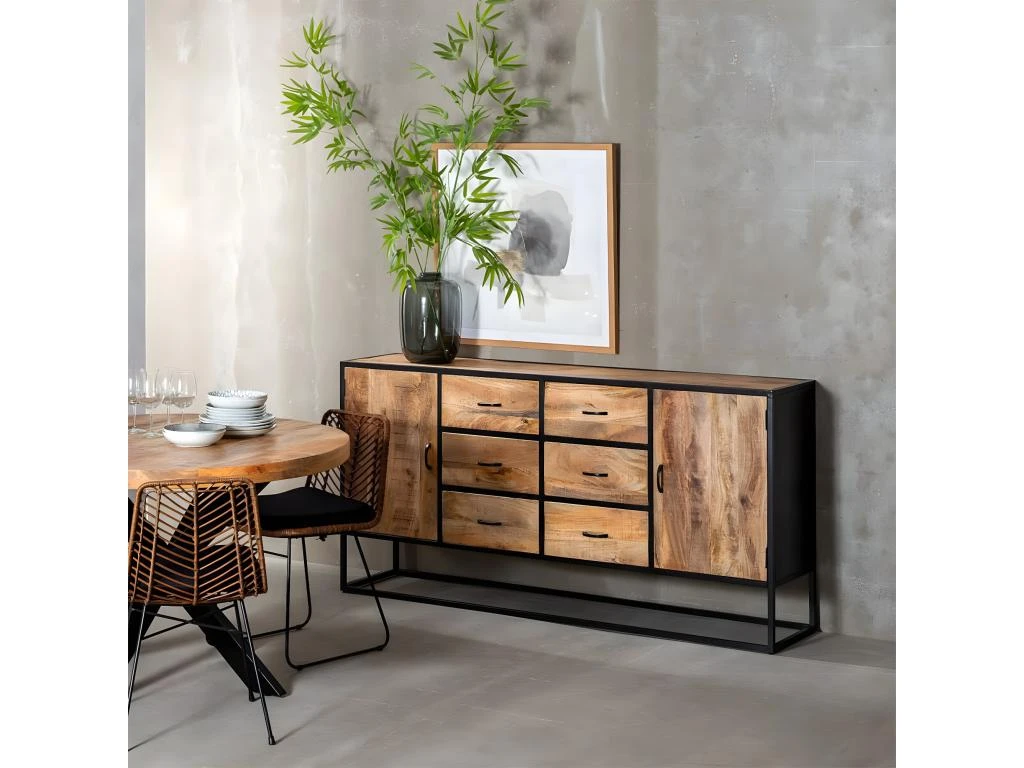 BRATO - Buffet 2 Portes 6 Tiroirs Manguier Et Métal Noir 2 BRATO - Buffet 2 Portes 6 Tiroirs Manguier Et Métal Noir – Image 2