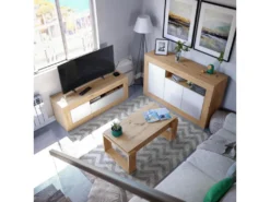 Buffet 3 Portes 1 Niche Blanc/Chêne - TOZA - L 144 X L 42 X H 87 Cm