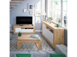 Buffet 3 Portes 1 Niche Blanc/Chêne - TOZA - L 144 X L 42 X H 87 Cm -Meubles Soldes Magasin buffet 19720403