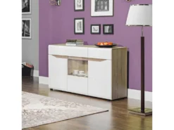 Buffet 3 Portes Blanc/Chêne à LED - ONIEL - L 150 X L 40.5 X H 85 Cm