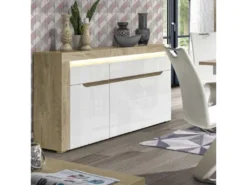 Buffet 3 Portes 1 Tiroir Blanc/ChĂȘne Ă LED - KIELE - L 152 X L 39 X H 89 Cm