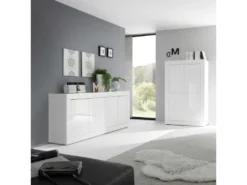 Buffet Moderne 4 Portes En Bois Blanc Laqué Brillant - MILAN - L 207 X L 43 X H 86 Cm -Meubles Soldes Magasin buffet 19720839