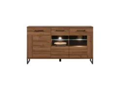 Buffet 3 Portes Chêne Foncé à LEDs - VARSOVIE - L 150.5 X L 40 X H 84.5 Cm