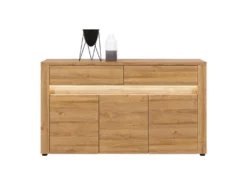 Buffet 3 Portes Battantes 2 Tiroirs Chêne à LED - BIELSKO - L 150 X L 40 X H 86 Cm