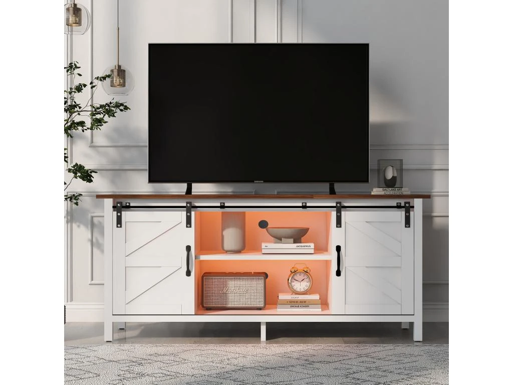 Buffet Avec 2 Portes Coulissantes + Compartiments + LED - étagères Réglables - Marron 2 Buffet Avec 2 Portes Coulissantes + Compartiments + LED - étagères Réglables - Marron – Image 2