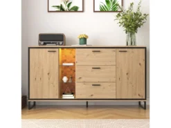 Buffet Bas Avec 3 Tiroirs Et 2 Portes - Avec LED - Naturel