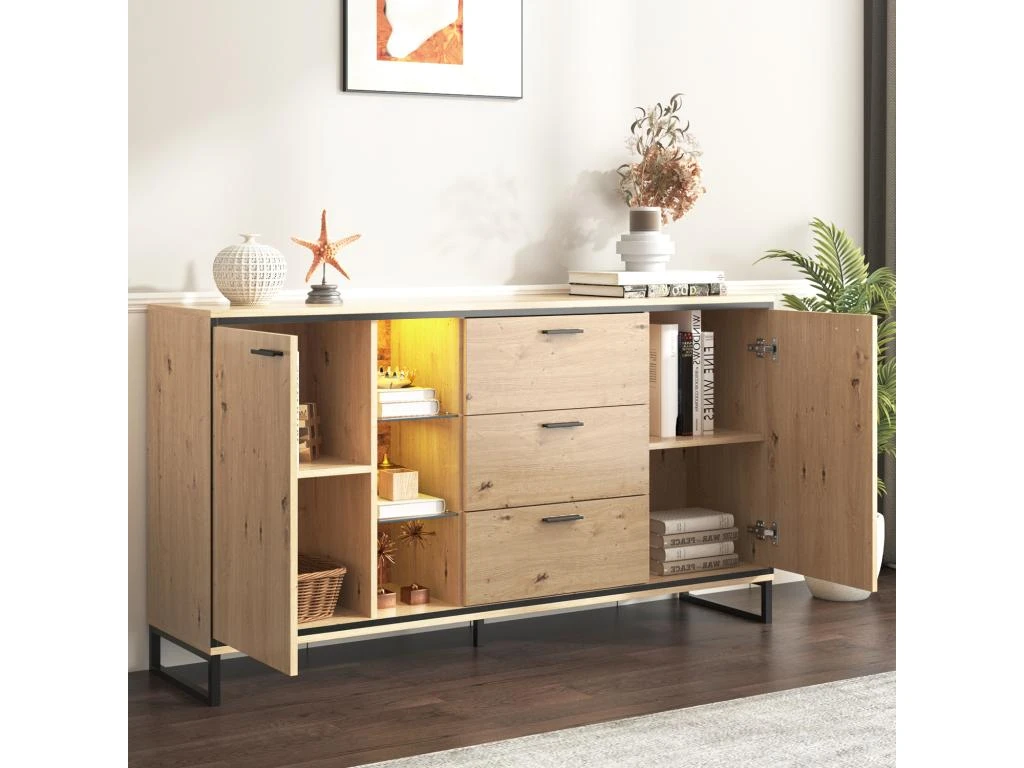 Buffet Bas Avec 3 Tiroirs Et 2 Portes - Avec LED - Naturel 2 Buffet Bas Avec 3 Tiroirs Et 2 Portes - Avec LED - Naturel – Image 2