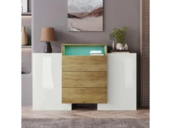 Buffet Avec 2 Portes 3 Tiroirs Et LED - Pour Salon Et Chambre - Naturel & Blanc