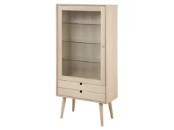 Canes Vitrine Avec 1 Porte Et 2 Tiroirs En Plaqué Chêne Et Chêne Massif, Blanc Délavé.