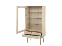 Canes Vitrine Avec 1 Porte Et 2 Tiroirs En Plaqué Chêne Et Chêne Massif, Blanc Délavé. -Meubles Soldes Magasin buffet 22047629