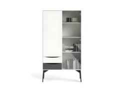 Fur Vitrine Avec 1 Porte, 1 Porte Vitrée Et 2 Tiroirs, Blanc Mat / Gris. -Meubles Soldes Magasin buffet 22087045