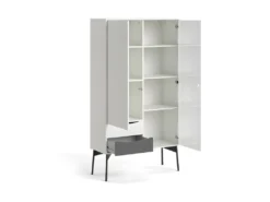 Fur Vitrine Avec 1 Porte, 1 Porte Vitrée Et 2 Tiroirs, Blanc Mat / Gris. -Meubles Soldes Magasin buffet 22087047