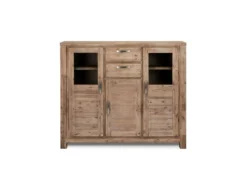 Alana Vitrine Avec 3 Portes Et 2 Tiroirs, En Bois D'acacia Teinté Brun, Livrée Prête à L'emploi.