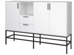 Cris Buffet 3 Portes Et 2 Tiroirs, Blanc Laqué, Structure Métallique, Noir. -Meubles Soldes Magasin buffet 22158815