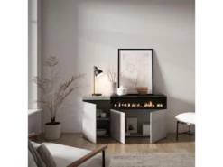 Buffet Salon Et Cuisine, 150x75x35cm, 3 Portes, Cheminée électrique, Ciment -Meubles Soldes Magasin buffet 22218035