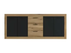 Buffet INDUS Mélaminé Chene Et Noir - 4 Portes + 3 Tiroirs - Style Industriel - L 206 X P 45 X H 83,5 Cm STONE