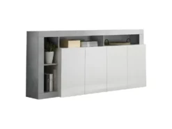 Buffet MAESTRO - Décor Béton Et Blanc Laqué Brillant - 4 Portes - L 184 X P 42 X H 93 Cm
