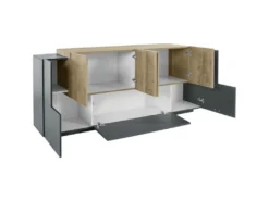 Placard Dbaian, Buffet De Cuisine Avec 5 Portes Et 2 Tiroirs, Buffet De Salon, Buffet De Cuisine, 100% Made In Italy, Cm 220x45h86, Anthracite Et Érable -Meubles Soldes Magasin buffet 22779867