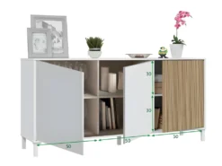 Buffet 3 Portes Battantes Blanc/Bois Clair - YANA - L 154 X L 40 X H 74 Cm -Meubles Soldes Magasin buffet 22782729