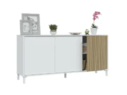 Buffet 3 Portes Battantes Blanc/Bois Clair - YANA - L 154 X L 40 X H 74 Cm -Meubles Soldes Magasin buffet 22782733