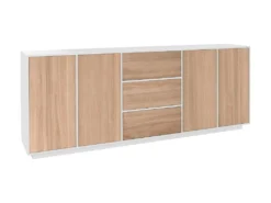 Placard Dnast, Buffet De Cuisine Avec 4 Portes Et 3 Tiroirs, Buffet De Salon, 100% Made In Italy, 220x41h86 Cm, Blanc Brillant Et Noyer