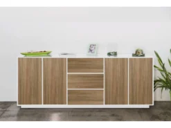 Placard Dnast, Buffet De Cuisine Avec 4 Portes Et 3 Tiroirs, Buffet De Salon, 100% Made In Italy, 220x41h86 Cm, Blanc Brillant Et Noyer -Meubles Soldes Magasin buffet 22846739