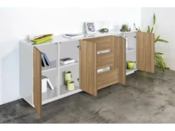 Placard Dnast, Buffet De Cuisine Avec 4 Portes Et 3 Tiroirs, Buffet De Salon, 100% Made In Italy, 220x41h86 Cm, Blanc Brillant Et Noyer -Meubles Soldes Magasin buffet 22846741