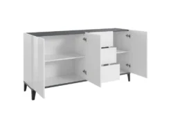 Placard Dlong, Buffet De Cuisine Avec 3 Portes Et 3 Tiroirs, Buffet De Salon, 100% Made In Italy, Cm 160x40h82, Blanc Brillant Et Ardoise -Meubles Soldes Magasin buffet 22846809