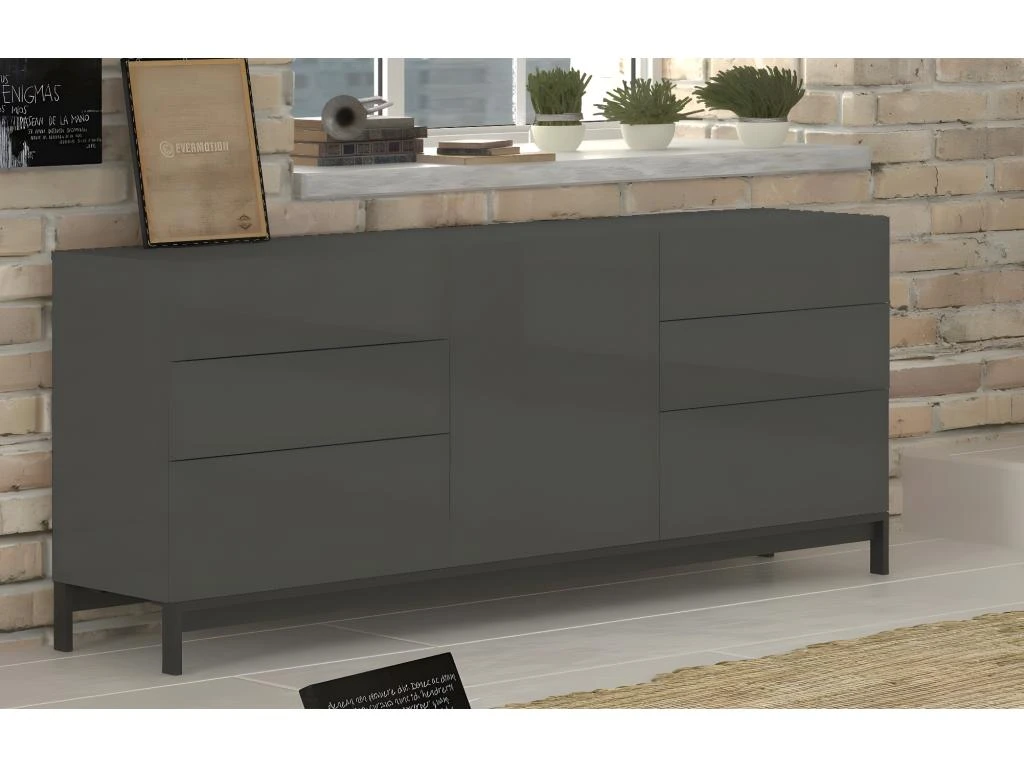 Placard Dchaji, Buffet De Cuisine Avec 1 Porte Et 6 Tiroirs, Buffet De Salon, Buffet De Cuisine, 100% Made In Italy, Cm 170x40h47, Anthracite Brillant 4 Placard Dchaji, Buffet De Cuisine Avec 1 Porte Et 6 Tiroirs, Buffet De Salon, Buffet De Cuisine, 100% Made In Italy, Cm 170x40h47, Anthracite Brillant – Image 4