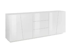 Placard Dmicill, Buffet De Cuisine Avec 4 Portes Et 3 Tiroirs, Buffet De Salon, 100% Made In Italy, Cm 220x43h86, Blanc Brillant