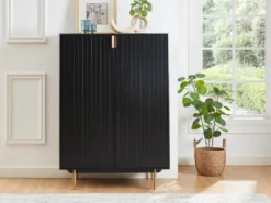 Buffet Haut - 2 Portes - MDF Et Métal - Coloris : Noir Et Doré - LIKANA